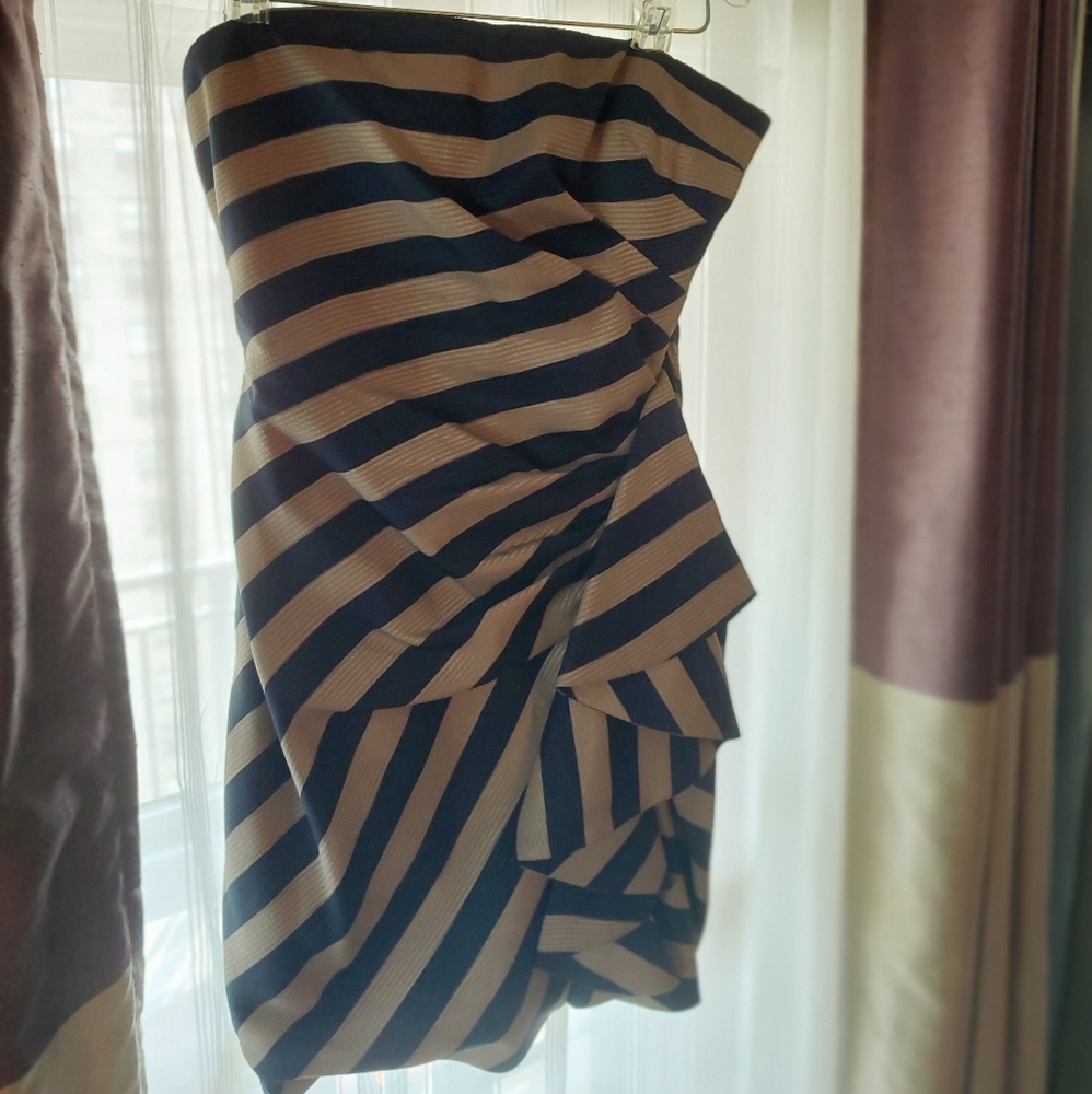 Strapless cocktail dress, fun ruffles on the side